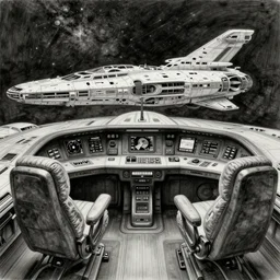 a futuristic, complex, detailed, intricate chalk and charcoal drawing of a starship cockpit, with a planet visible through the windscreen, concept art for an alien movie by ron cobb