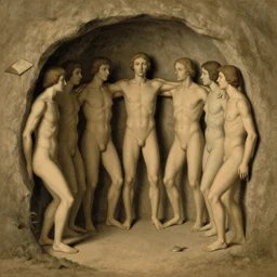 A vintage scientific illustration from the 1970s of humans forming a cavern with their bodies by René Magritte