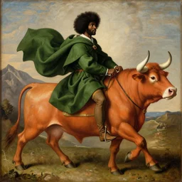 black man with afro hair wearing an ( ( ( army green cloak ) ) ), riding an ( ( ( orange bull ) ) ), renaissance style painting