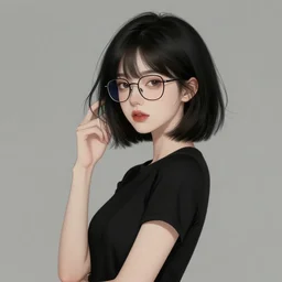 portrait of a girl with very short black hair and glasses, wearing a black t-shirt, digital art, elegant pose, masterpiece