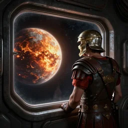 a roman soldier looks out the window of his space station at a burning planet, realistic rendering, unreal engine, 4k, hdr, high dynamic range, f12, simon stalenhag, high tech, star wars cavern interior