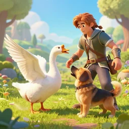a goose was fighting with a dog, humanoid, anthropomorphic, personify, trending on artstation by wenjun lin, irakli nadar, bright colors, octopath traveler, wenjun lin, unreal engine 5 highly rendered, global illumination, radiant light, detailed and intricate environment