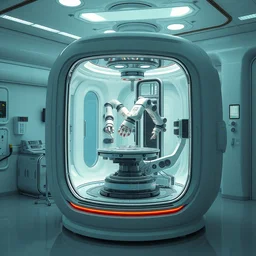futuristic enclosed medical pod with robot arms doing precision work inside, a single large glass chamber contains multiple robotic manipulators, mako robotics product concept, highly integrated futuristic automatic medical care unit in a cyberpunk hospital lab, highly detailed, vibrant, hyperdetailed scifi concept art, artstation, hdr, rtx, octane render, cgsociety, solidworks