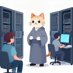 a humanoid cat - priest introduces two computer nerds, in the server room, digital illustration, artstation art by artgerm, lofi, nerdy, geek