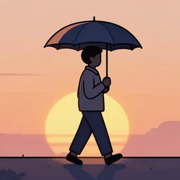 a man walking with an umbrella at sunset, 8 - bit retro art