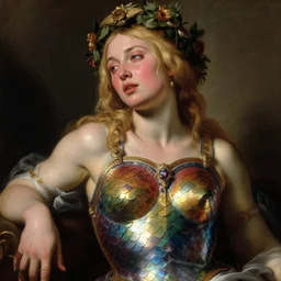blushing, sweating, seductive saoirse ronan, blonde hair, wearing rainbow scales armour, posing seductive, looking seductively, wearing ornate wreath, oil painting by titian, hard focus