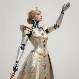 mural of a young cyborg woman, beautiful royal gown, sci fi weapon, royal ornaments,  reaching towards the heavens, sci fi world, holy imagery, highly detailed, beautiful colors, renaissance mural, mural in the style of sandro boticceli, sandro boticceli