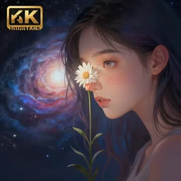( a girl grows a flower on her nose, in the background the universe. ) by anato finnstark, dream, full body portrait, dynamic lighting, beautiful, trending on artstation, wallpaper, 4 k, award winning, digital art, very detailed faces