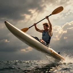 very very intricate photorealistic photo of a man in a kayak paddling through the air, photo is in focus with detailed atmospheric lighting, award - winning crisp details