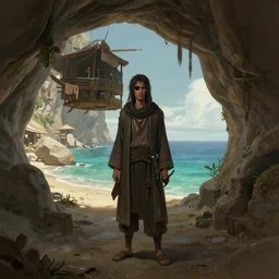 shady one - eyed man at a trader outpost inside a cave with a bay, high detailed, digital painting, artstation, sharp