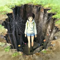 anime movie scene, mamoru oshii, otomo, ultra wide, vanishing point, hoody woman explorer, watercolor, chasm, collapse, sinkhole, spiderwebs, flowers, dripping, sewer pipe, waterfall, billboards, sun beam, dusty volumetric light, back lit, paper texture, puddles, deserted shinjuku junk, brutalist, golden ratio