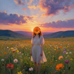 girl with a blooming flower face, surreal photography, bizzare, dreamlike, otherworldly, standing in flower field, in a valley, sunrise dramatic light, impressionistic painting, colorful clouds, artstation, simon stalenhag