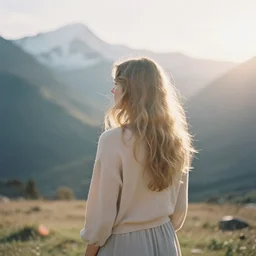 photograph of a beautiful!!! woman! from the back standing in the himalaya by mark owen. scotland mood. pastel colors. kodak portra 4 0 0 film!!. whirl bokeh!. mamiya 7. highly detailed. hq. photoreal. golden hour. lens flare. faded film. in - frame