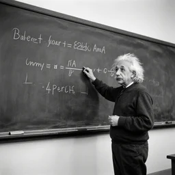 photograph of professor Albert Einstein teaching Physics on blackboard in a big hall, black and white, 4k