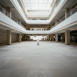 distant single toilet in the middle of a huge abandoned mall, wide angle photography