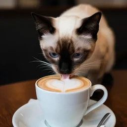 ultra high quality photograph of a korat kitten drinking a cappuccino, lighting dim, kodak etkar 1 0 0