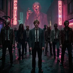 zombies, film still from the movie directed by wes anderson with art direction by zdzisław beksinski, wide lens, neon lights,