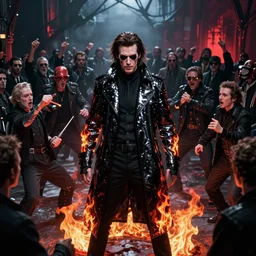nick cave as sandman from dc comics fighting a large crowd, black trenchcoat with fire design details, specular highlights, global ilumination, scary atmospheric lighting, sharp focus, vivid color scheme, gothic fantasy art by cristian sauret, greg rutkowski, lee bermejo, carlos huante, artgerm, makoto shinkai and clay mann