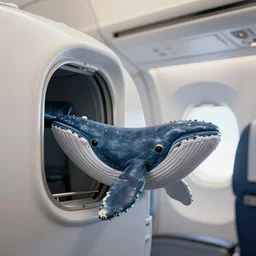 an airplane with a tiny whale pilot, the whale is in the airplane cabin