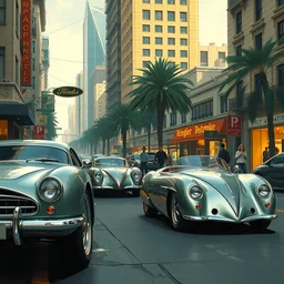 street scene, retro futuristic concept cars, low profile tires, detailed chrome trim, jodhpurs greg manchess painting by sargent and leyendecker, cyberpunk 2 0 7 7 concept intricate elegant illustration forza, by greg rutkowski by greg tocchini by james gilleard