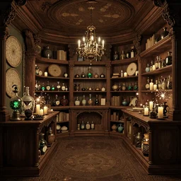 the inside of a intricate occult bookshop :: potions, star charts, candles, knick knacks, jars, sparkles in the air, magic aesthetic, occult aesthetic, calm, tranquil, fantasy aesthetic, Autodesk 3D Rendering, V-Ray Collection, Maverick Studio, Arnold 3d render, Blender Render, Indigo Renderer, Redshift render, Enscape render, Maxwell Render, LuxCoreRender, RenderMan, Lumion render, Marmoset Render