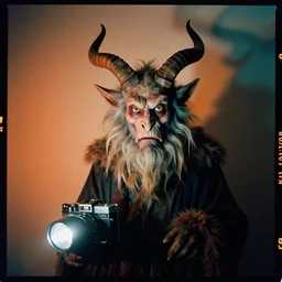 kodak portra 4 0 0, 8 k, wide flashlight shot of a highly detailed, britt marling style, colour still - life portrait of a krampus in muted colours in orange and teal