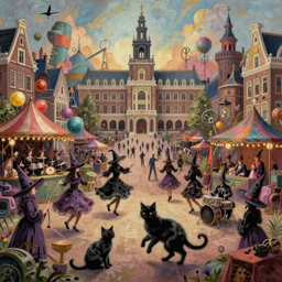 A bustling magical town, witches and black cats are dancing around a colorful music festival, the large academy of magic and science can be seen towering in the distance, inspired by Victorian England and Amsterdam, highly detailed, digital painting, trending on artstation, matte painting, octane render, 8k, unreal engine