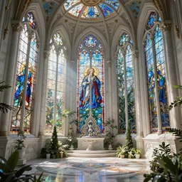 celestial gardens, stained glass windows, hanging gardens, gothic, neo - gothic, art nouveau, polished white marble, hyperdetailed ornate silvered medieval icon, daniel merriam, john stephens, concept art, aetherpunk, unreal engine, detailed intricate environment, octane render, godrays, volumetric lighting, ultrasharp, whimsical, ethereal