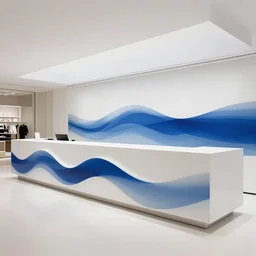 wide angle photo, interior design, modernism, minimalism, inside the department store counter, a counter using the waves as a design concept is made of white paint and various blues cloth, cinematic, 8 k, wave, concept art, trending on artstation, gorgeous