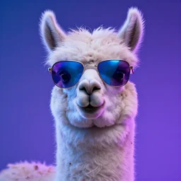 a llama wearing shiny sunglasses by greg rutkowski, blue and purle lighting, digital art, ultra realistic, ultra detailed, photorealistic, 4k, character concept