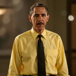 barrack obama as gustavo fring, yellow shirt, black tie, in los pollos hermanos from breaking bad, movie still, cinematic lighting, ray tracing, octane render, long lens, shallow depth of field, bokeh, anamorphic lens flare, 8 k, hyper detailed, 3 5 mm film grain