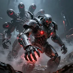 apocalyptic, a very strong robot with red enerygies shaking the hand with an mighty alien creature with 5 eyes. smoke. volumetric lighting, sharp focus, ultra detailed, cgsociety - w 1 0 2 4 - n 8 - i