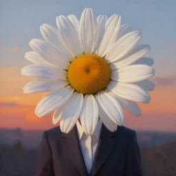 large daisy flower head, frontal, girl in a suit, surreal photography, sunrise, dramatic light, impressionist painting, digital painting, artstation, simon stalenhag