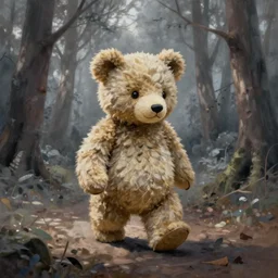 a painting teddy bear walking in an ashy forest in the style of Andreas Rocha