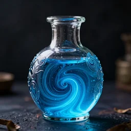 spirit potion containing swirling glowing blue liquid, beautiful intricate glass bottle,  dark-background!!!, dramatic lighting, fantasy, CGI, octane render, 8k