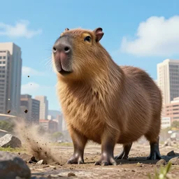 giant capybara destroying a city