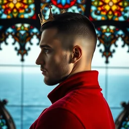 side - view portrait of a man wearing a small golden crown, buzzcut, stubble, he wears a red coat, gothic stained glass window, ocean background, very masterful, royal, backlit
