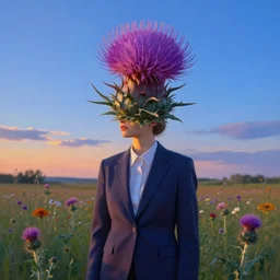 portrait, huge thistle flower under head, girl in a suit in field of flowers, surreal photography, sunrise, blue sky, dramatic light, impressionist painting, digital painting, artstation, simon stalenhag