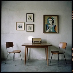 kodak portra 4 0 0, 8 k, wide flashlight shot of a highly detailed, britt marling style, colour still - life portrait of a large minimalistic room, rough concrete walls, square pictureframes, a picasso painting, 6 0 s radio, a 1 9 6 0 s table, 6 0 s chair,