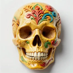 intricate skull  carving art, bright colours, ultra detailed