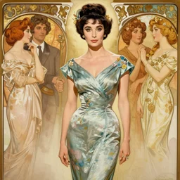 elizabeth taylor, wearing mid - century clothes,, half body shot, path traced, highly detailed, high quality, digital painting, alena aenami, leonid afremov, lilia alvarado, shinji aramaki, karol bak, alphonse mucha, tom bagshaw