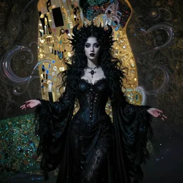 masterpiece portrait of an beautiful dark witchy girl with gothic elegant robe, details by gustav klimt, surrounded by flowing liquid occult swirls, majestic, dramatic lighting, h. r. giger, beksinski, alphonse mucha, artgerm, donato giancola, tom bagshaw, trending on cgsociety, octane render, 8 k
