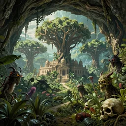 underground cave on an exotic alien planet with a jungle parliament of antler trees in the background, leafy overgrowth, insectile weeds, demon faces, skulls, by ian miller, rodney matthews and al feldstein, photorealistic render