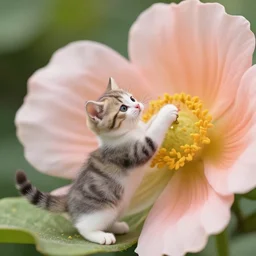a professional photograph of a tiny cat playing with a giant flower outside, high quality, highly detailed, cute, HD, 8K