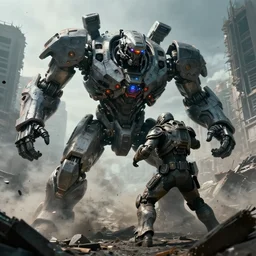 film, detailed photoreal, futuristic giant powerful sci - fi war mech fight, brawl, knockout punch, haymaker impact, shatter, emerging from smoke and debris in war zone, crumbling buildings, titanfall irl, hawken, pacific rim, flat color profile low - key lighting award winning photography arri alexa cinematography, hyper real photorealistic cinematic, atmospheric cool colorgrade