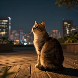 cat sitting on a wooden deck, staring into the sky, night, dramatic warm lighting, futurist cityscape in background