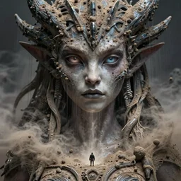 close - up gorgeous lilith, the mother of all monsters dusty, destroyer! of worlds, void eyes, raining ash & smoke, fine art masterpiece, highly detailed dino valls wayne barlowe machiej kuciara, dramatic lighting, long shot, wide angle, uhd 8 k, sharp focus
