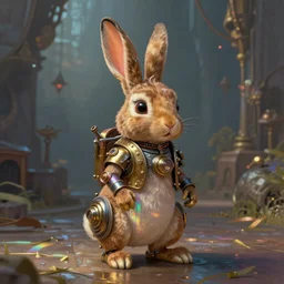 ultra realist soft painting of a single steampunk Pixar rabbit , very intricate details, golden ratio, volumetric rainbow lighting, reflections, refractions, symmetry accurate anatomy features, fantasy background, unreal render