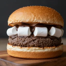 dslr food photograph of burger with a layer of marshmallows in it, chocolate sauce, 8 5 mm f 1. 4