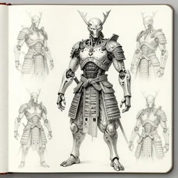 sketchbook pages tribal cyborg samurai, magnificent, medium shot, details, sharp focus, elegant, highly detailed, illustration, by jordan grimmer and greg rutkowski, intricate, beautiful, trending artstation, pixiv, digital art